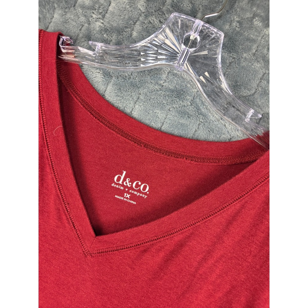 Denim & Company Womens 1X Red V-Neck Long Sleeve Top Seam Detail Cotton Blend - Picture 1 of 9